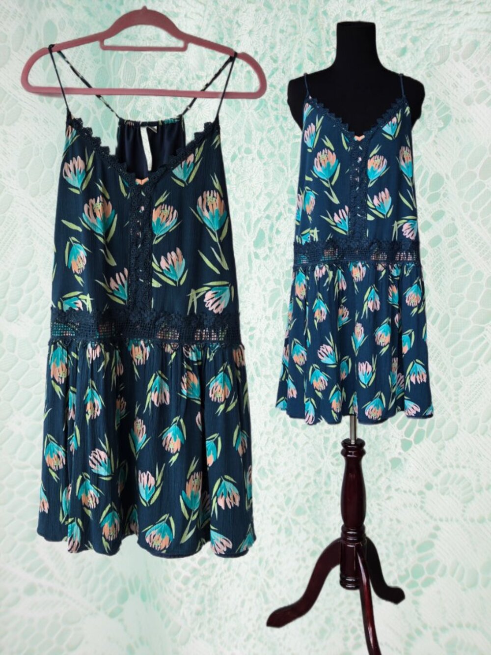 Lauren Conrad Forest Green Floral Floaty Midi-Length Dress Boho Grunge
